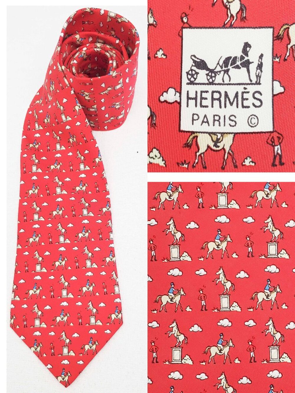 Hermes Men's Vintage Red Silk Horses Jockey Horse Racing Tie 5078 PA Long